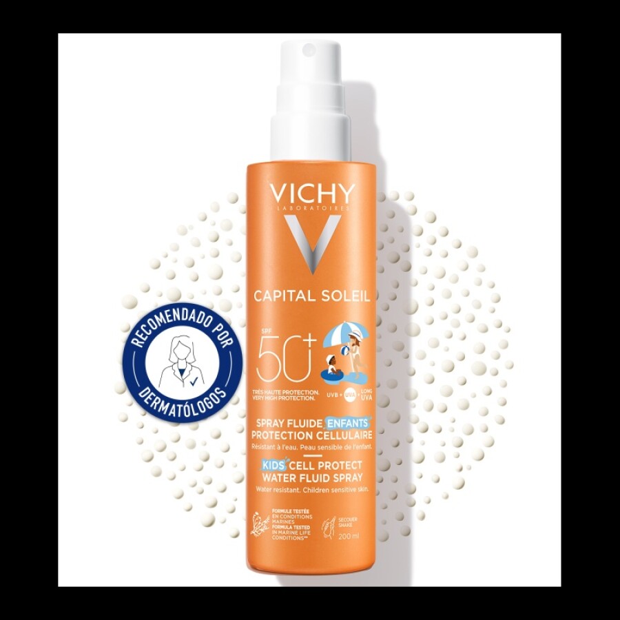 Protector Solar Infantil Kids Cell Protect Water Fluid Spray FPS 50+ 200 ml - Vichy Protector Solar Infantil Kids Cell Protect Water Fluid Spray FPS 50+ 200 ml - Vichy