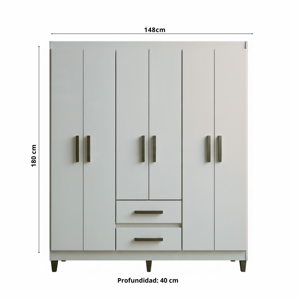 ROPERO 6 PUERTAS 2 CAJONES GUARDARROPA ARMARIO CLÓSET PLACARD BLANCO