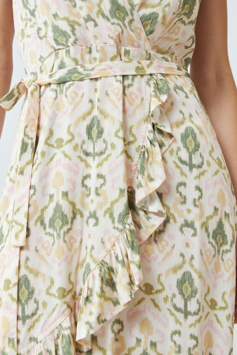Vestido estampado cruzado con volados verde oliva