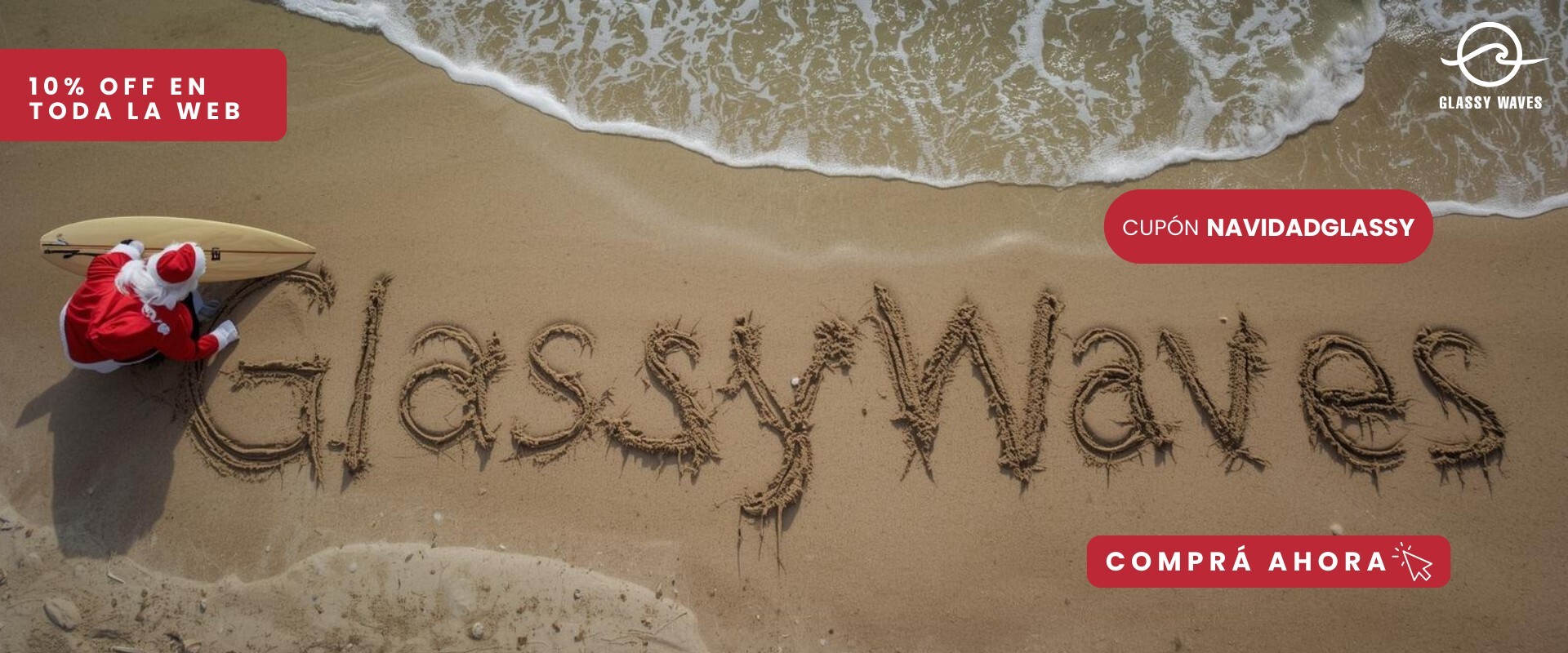 Banner promocional de Glassy Waves Navidad, cupon de descuento
