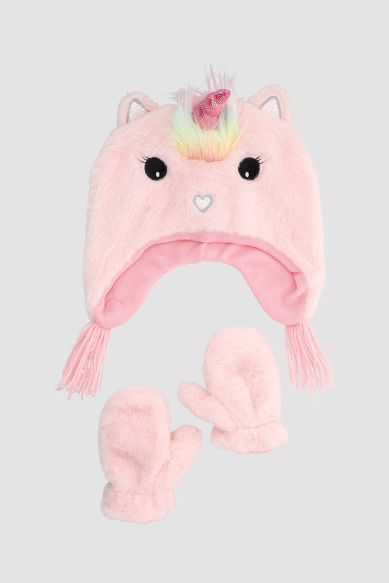 Set unicornio gorro y mitones - rosado - Blanco 