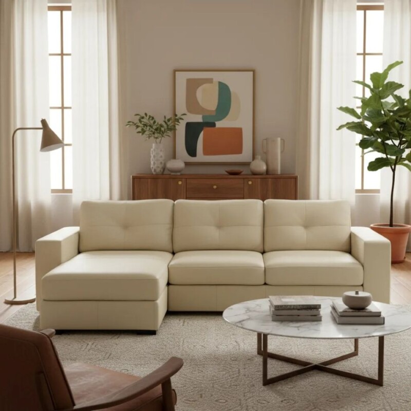SOFA DOMINI 3 CUERPOS + CHAISE - TAPIZADO EN CUERO VACUNO COLOR PERLA SOFA DOMINI 3 CUERPOS + CHAISE - TAPIZADO EN CUERO VACUNO COLOR PERLA