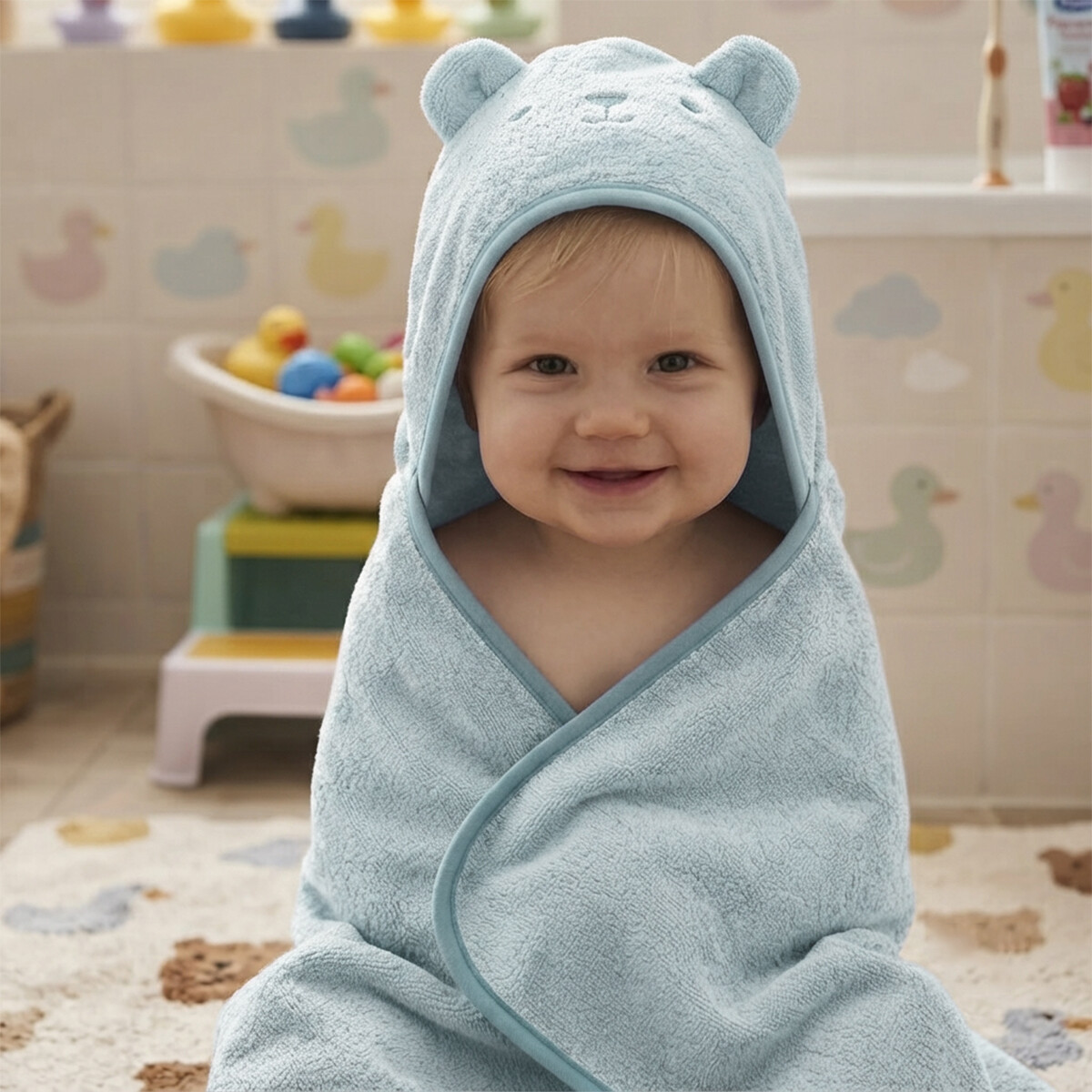 Toalla Bebé con Capucha Teddy 70cm x 70cm - CELESTE 