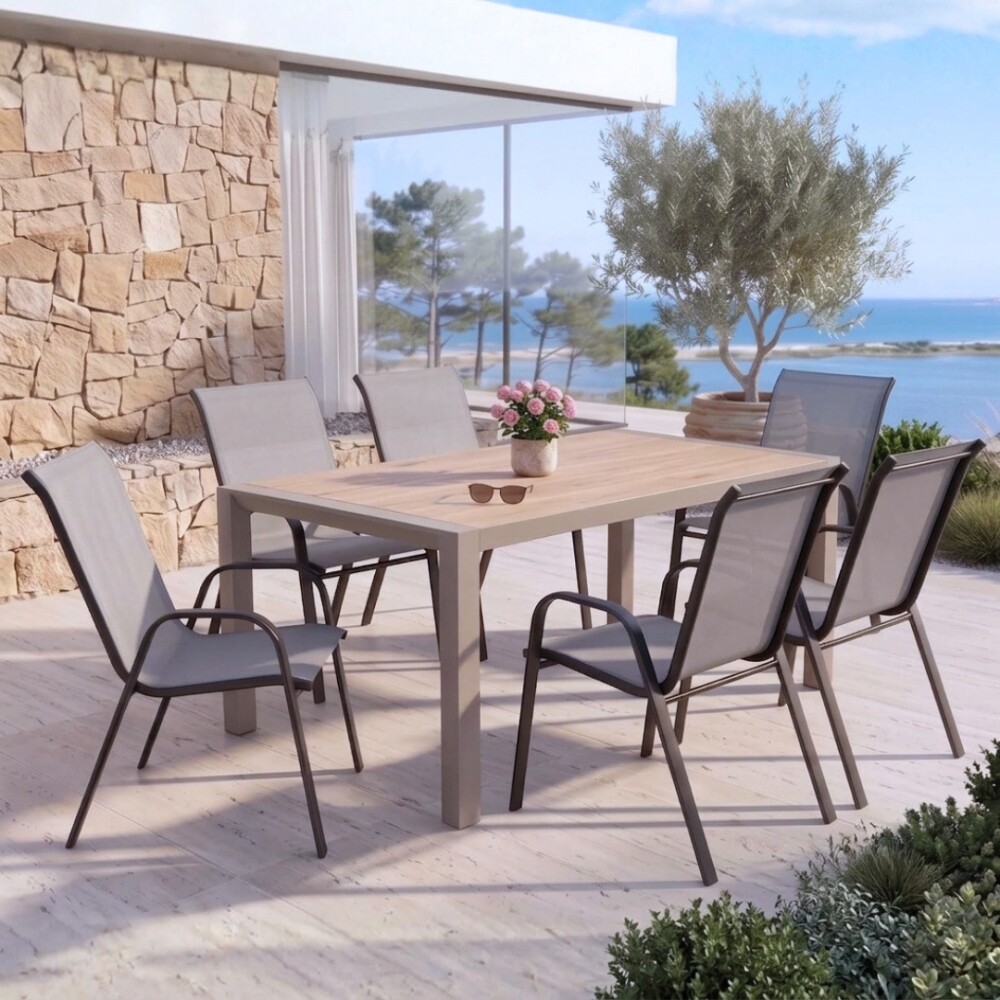 Juego de Jardín Mesa Rectangular Urbanite + 6 Sillas de Acero y Ratán Gris Juego de Jardín Mesa Rectangular Urbanite + 6 Sillas de Acero y Ratán Gris