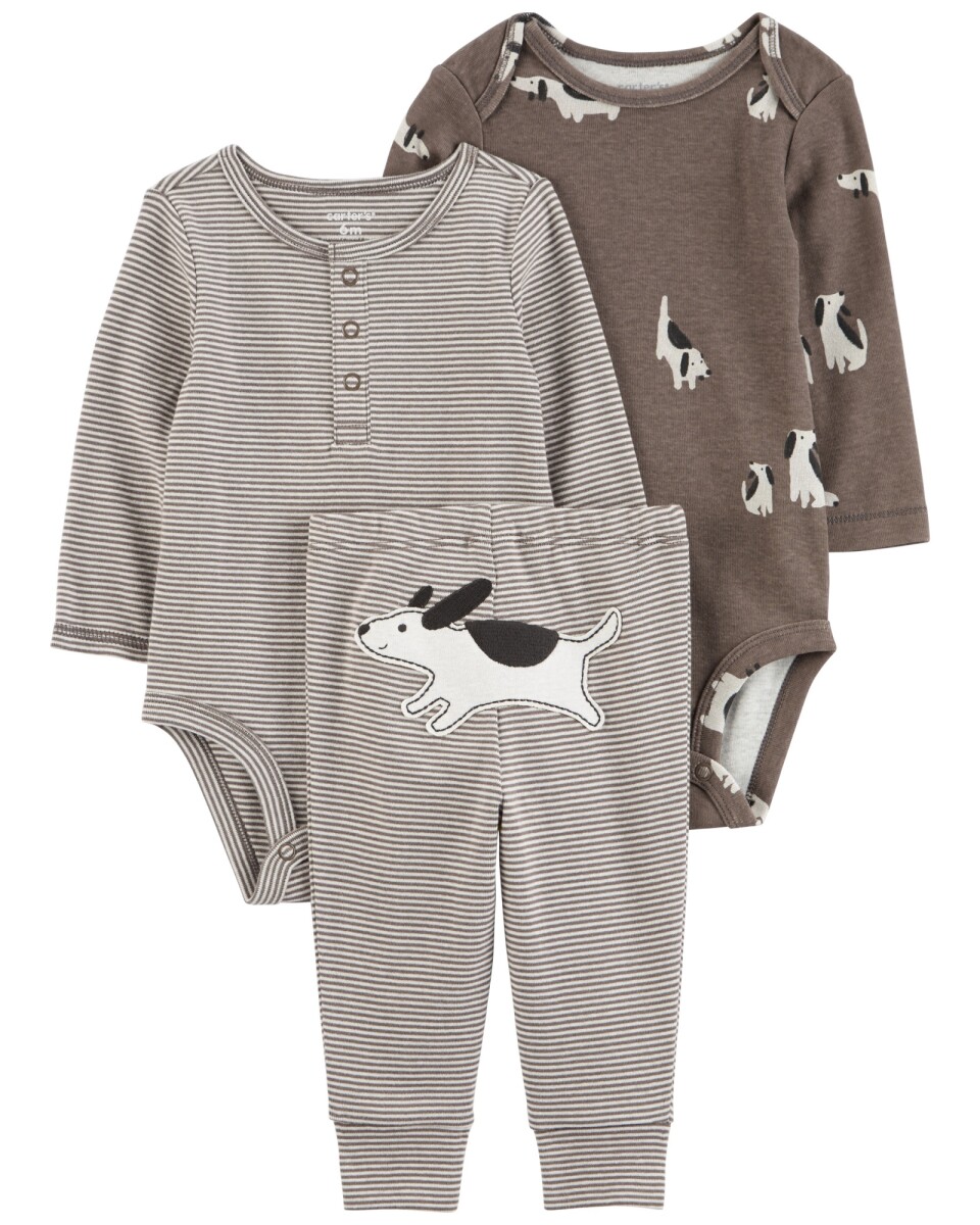 Set tres piezas de algodón, pantalón y dos bodies, diseño perro 