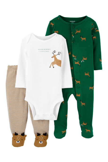 Set tres piezas pelele con pie, body manga larga y pijama con botones de algodón diseño reno Sin color