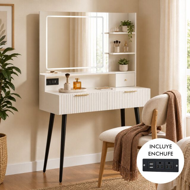 TOCADOR MAQUILLAJE MODERNO ESPEJO LUZ LED + ENCHUFE 3 CAJONES REPISAS ORGANIZADORAS PATAS METÁLICAS BLANCO