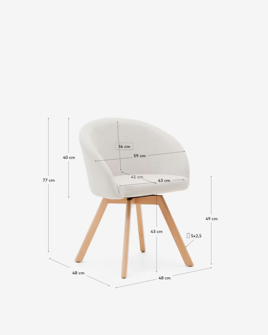 Silla giratoria Marvin chenilla beige y patas de madera maciza de haya acabado natural