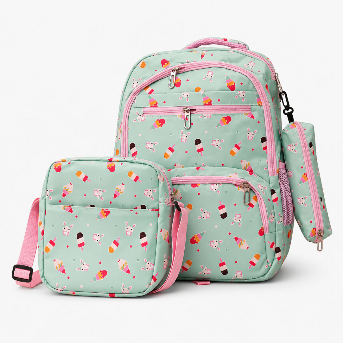 Set Mochila 3 Piezas Estampado Helados Escolar Resistente - Verde Claro 