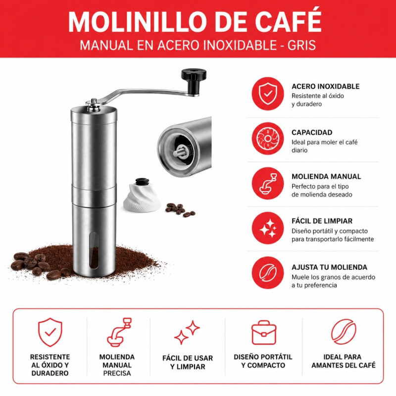 Molinillo de café manual en acero inoxidable GRIS
