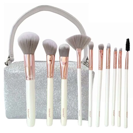 Set Completo Maquillaje 10 Piezas Brochas Pinceles y Estuche Plateado