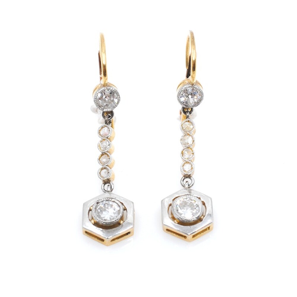 Caravanas Antiguas 18Ktes Largas Con 2 Brillantes E Hilera De 4 Diamantes Caravanas Antiguas 18Ktes Largas Con 2 Brillantes E Hilera De 4 Diamantes