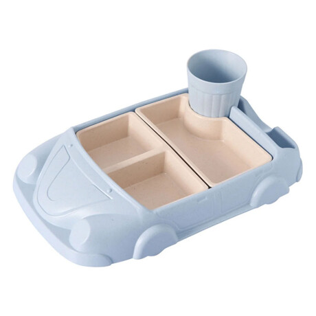 Set Comida Bebé Diseño Auto Platos y Vaso Plástico + Cuchara Celeste