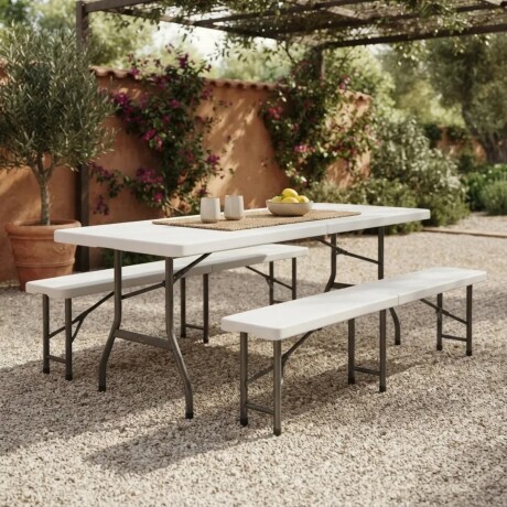 Juego de Jardín Mesa 2.4m y 2 bancos plegables Juego de Jardín Mesa 2.4m y 2 bancos plegables