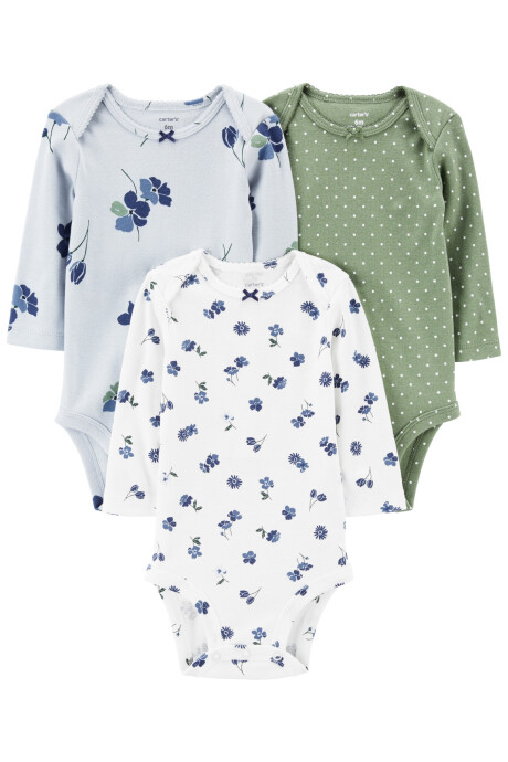 Pack tres bodies de algodón, manga larga, diseños florales Sin color