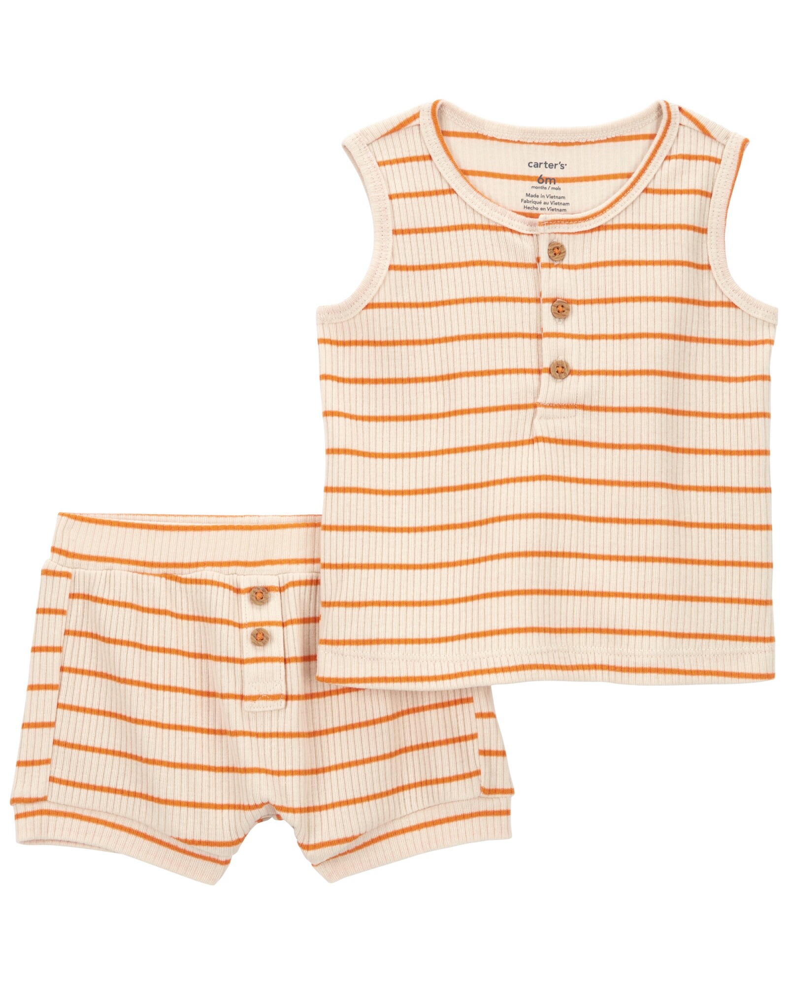 Set dos piezas de algodón acanalado, short y musculosa diseño a rayas Sin color