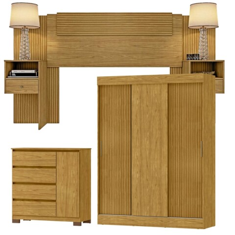 Combo de Dormitorio Ropero Sirius 3 Puertas Corredizas Respaldo Oslo con Mesas de Luz y Cómoda Vega - Marrocos Combo de Dormitorio Ropero Sirius 3 Puertas Corredizas Respaldo Oslo con Mesas de Luz y Cómoda Vega - Marrocos