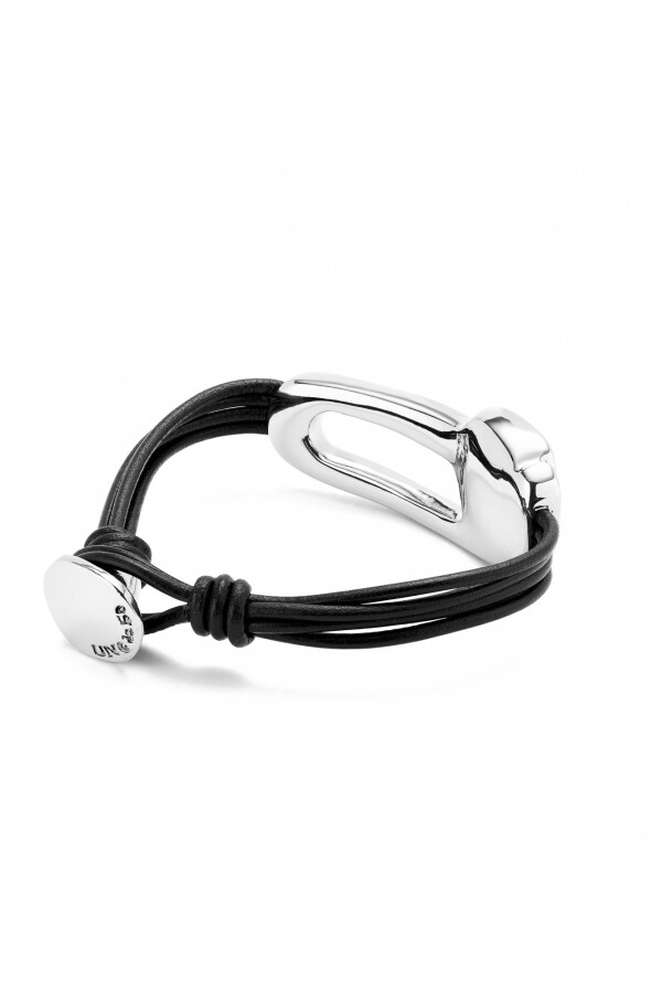 PULSERA DE CUERO BAÑADA EN PLATA DE LEY Y CRISTAL FACETADO NEGRO Pulsera