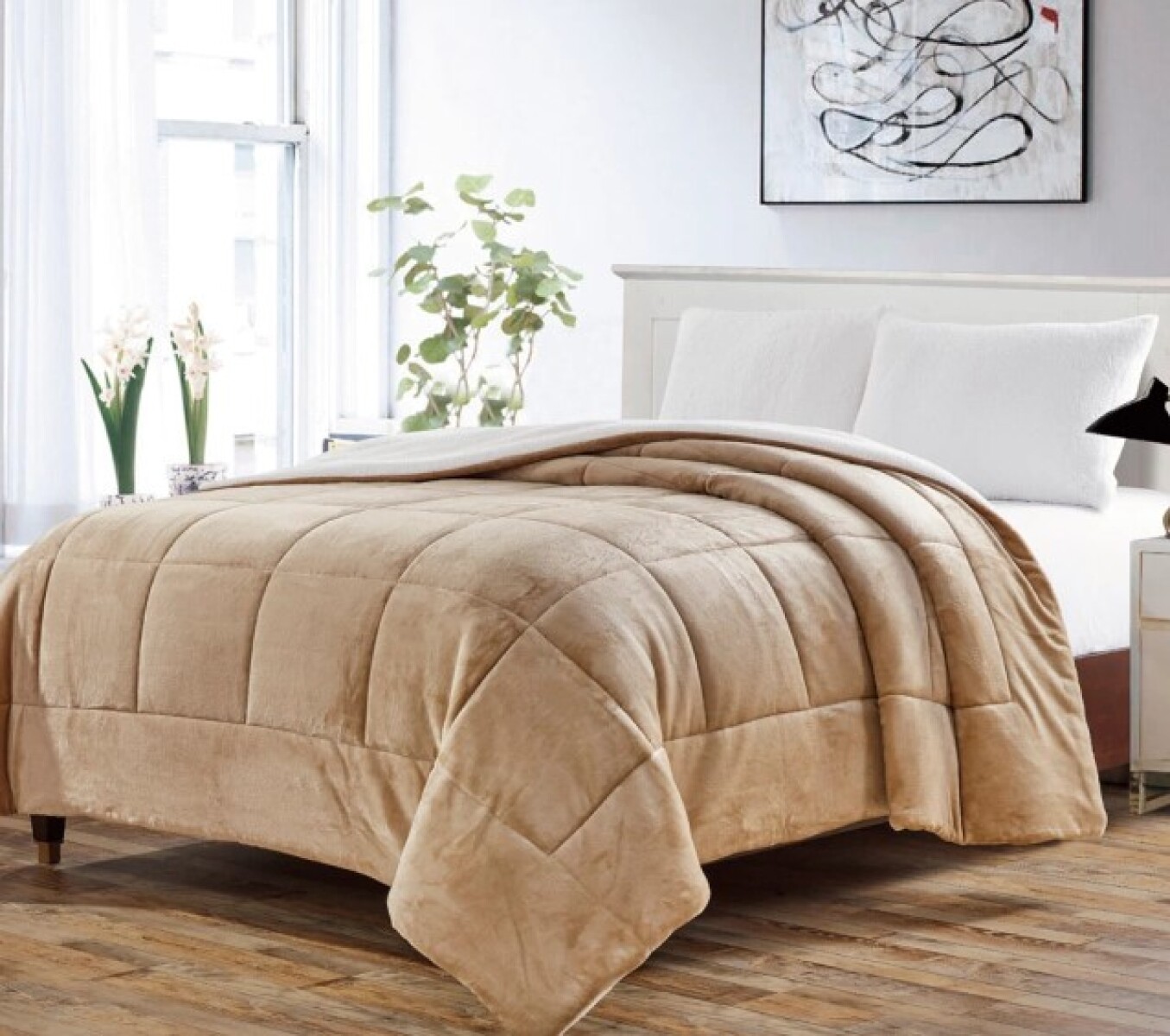 Acolchado RED FLEX de Corderito y Sherpa QUEEN 250x230 - BEIGE 