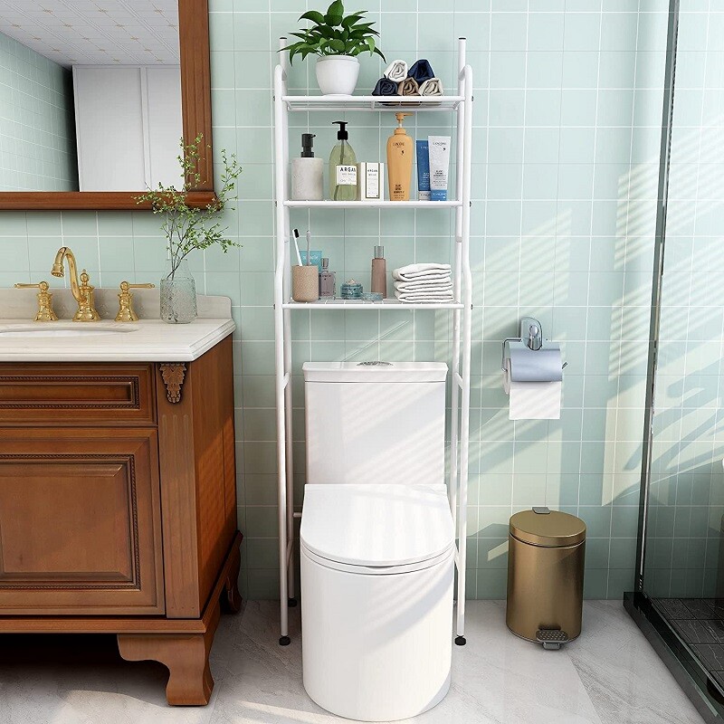 Estante mueble organizador sobre inodoro blanco