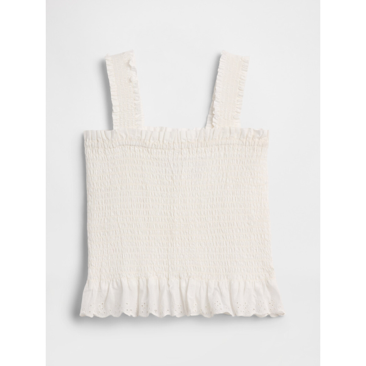 V-SMOCKED WOVEN TOP - EYELET WHITE 