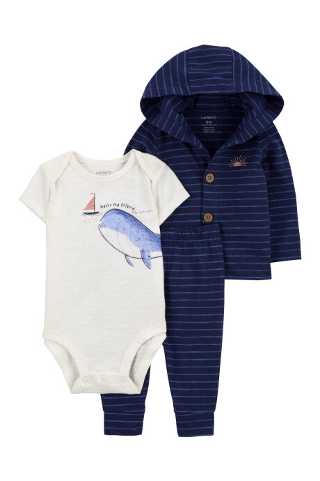 Set tres piezas de algodón, pantalón, saco y body estampa ballena Set tres piezas de algodón, pantalón, saco y body estampa ballena