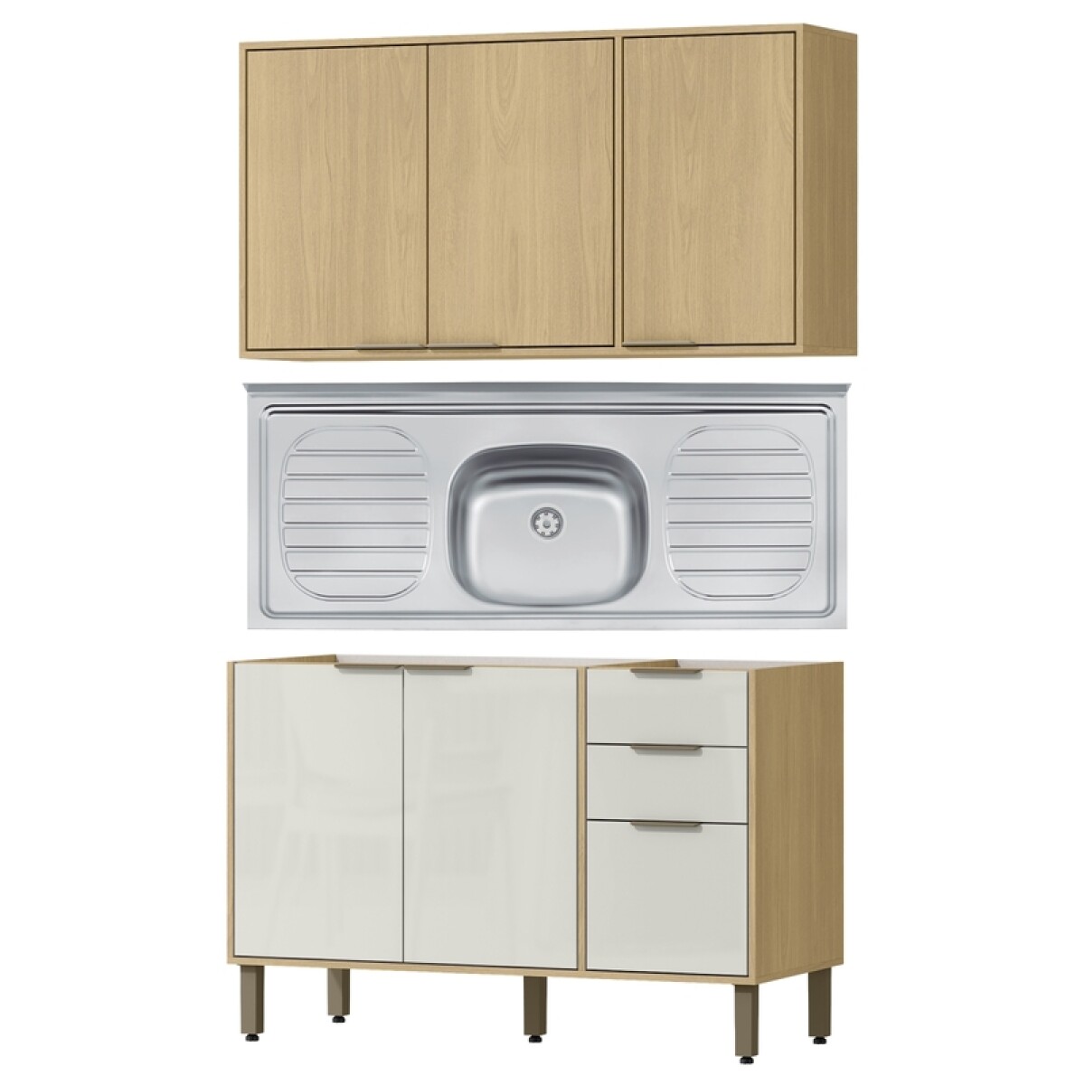 Bajo Mesada 120 cm 3 Puertas 2 Cajones y Aéreo 3 Puertas y Estantes Cocina Modular Gloria MDP 15mm y Pileta Tramontina Central 