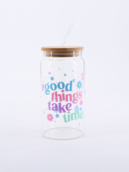 VASO VIDRIO CON SORBITO Y TAPA BAMBOO TRANSPARENTE