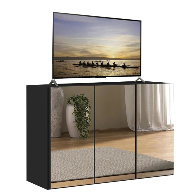 RACK APARADOR PARA TV O AUDIO 3 PUERTAS CON ESPEJOS NEGRO