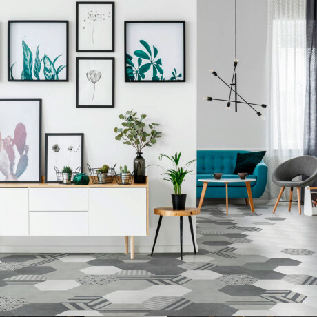 PORCELANATO PISO Y PARED DE 19.8X22.8 HEXAGONAL DECORADO GRIS Y AZUL MATE SERIE LAKE PALOROSA GAMAS DE GRIS