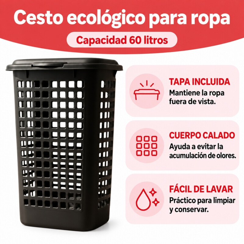 Cesto ecológico para ropa con tapa 60 lts NEGRO