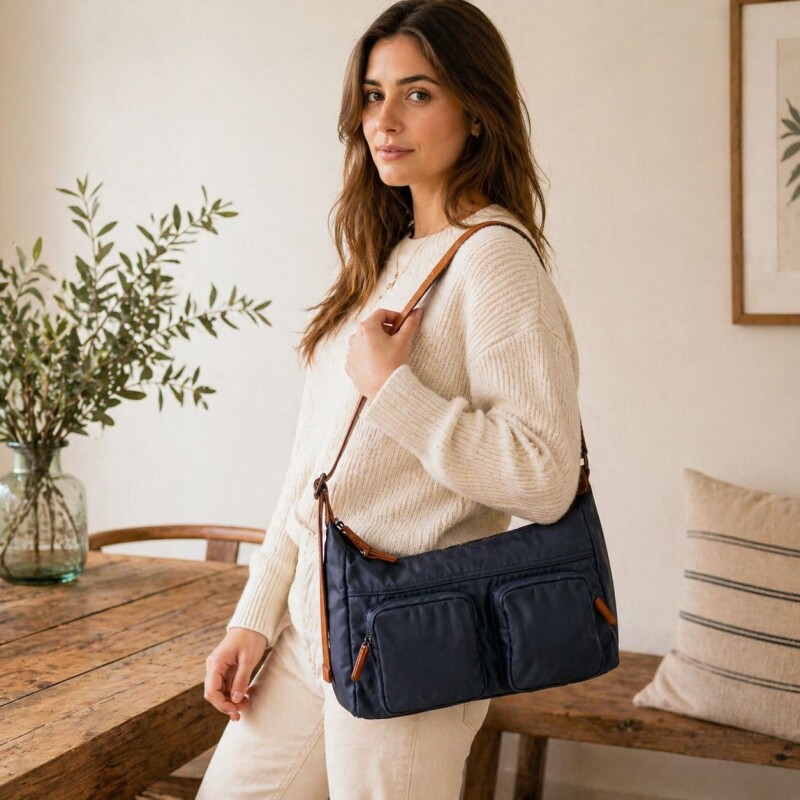 Bandolera Morral de Dama en Tela Impermeable Azul Piedra c/Suela
