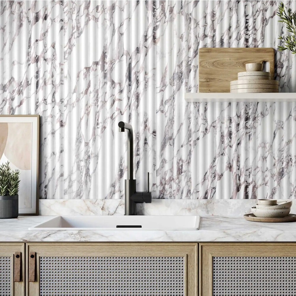 PORCELANTO FLUTED CALACATTA VIOLA "A" 40X120 CM Porcelanto Fluted Calacatta Viola "a" 40x120 Cm