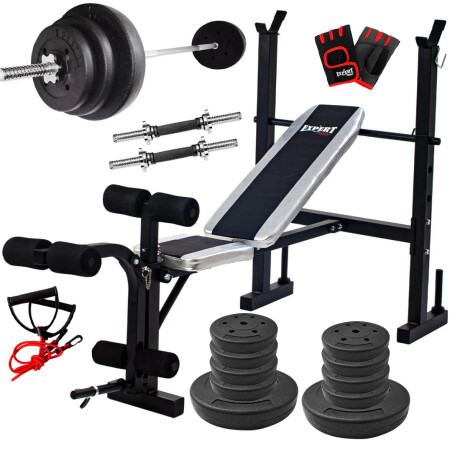 Banco Pecho + Scott + Barra 150 +2 Mancuernas +40kg 2 Discos 10kg + 8 Discos 2.5kg