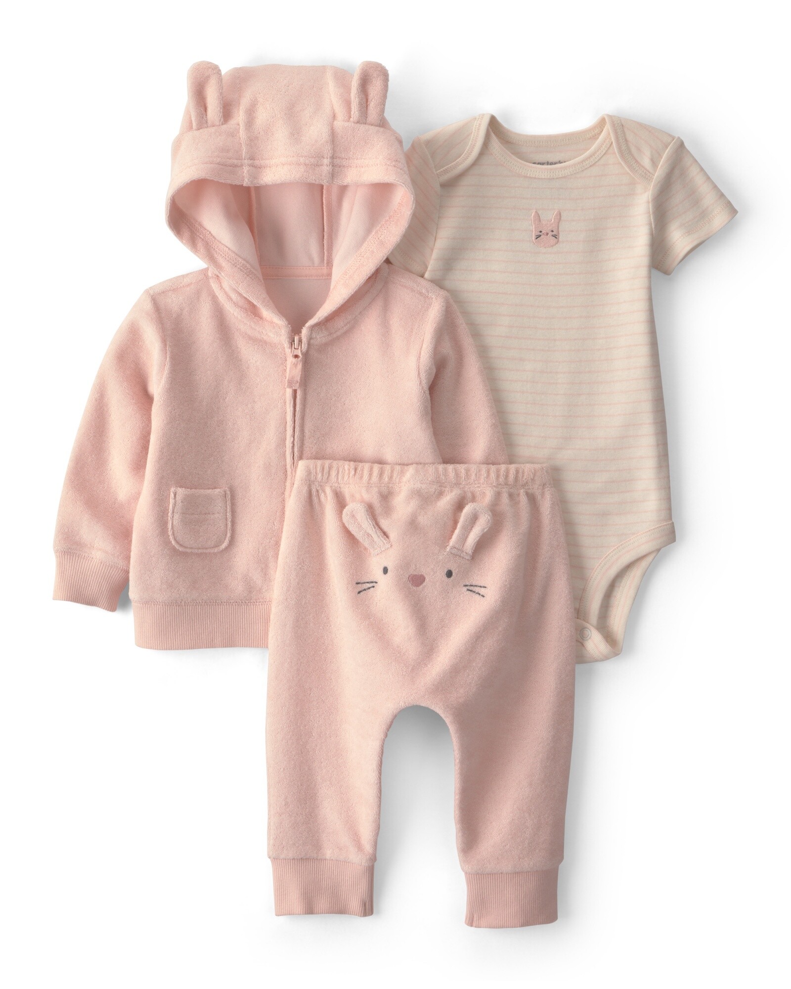 Set tres piezas de algodón, campera y pantalón de terry, más body, diseño conejo Sin color
