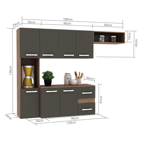 Cocina Alacena Elevada 7 Puertas 2 Cajones y Estantería 180 x 136 x 36 cm - Teka / Grafito Cocina Alacena Elevada 7 Puertas 2 Cajones y Estantería 180 x 136 x 36 cm - Teka / Grafito