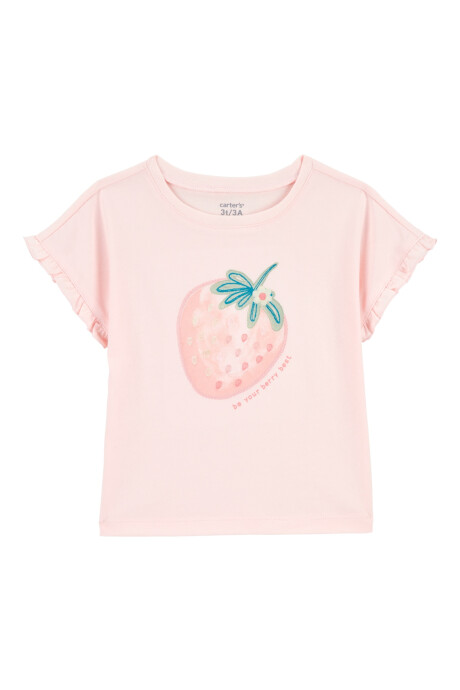 Remera de algodón, mangas con volantes y estampa frutilla Sin color