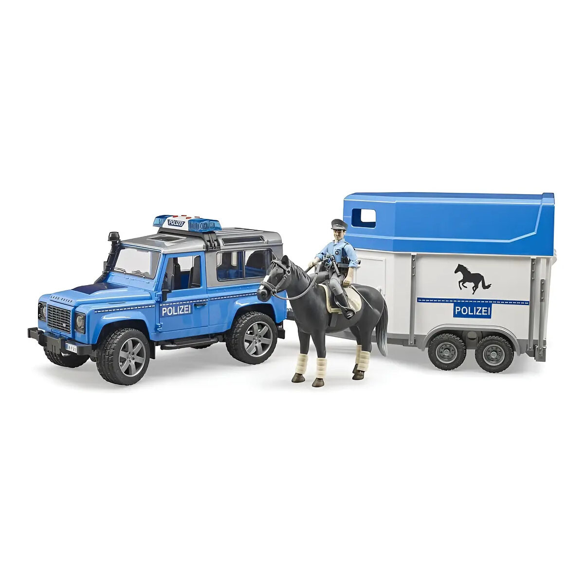 Auto con oficial de policía y remolque para caballos Bruder 