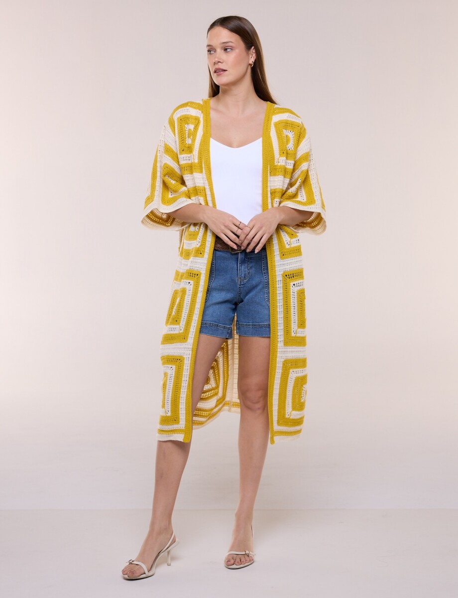 Cardigan Largo Crochet Mangas Kimono - Mostaza 
