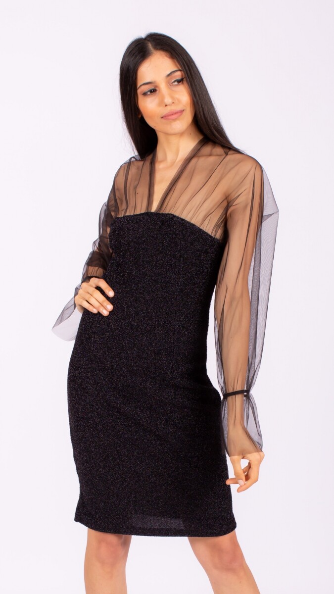 Vestido lurex mangas de tul - Negro 