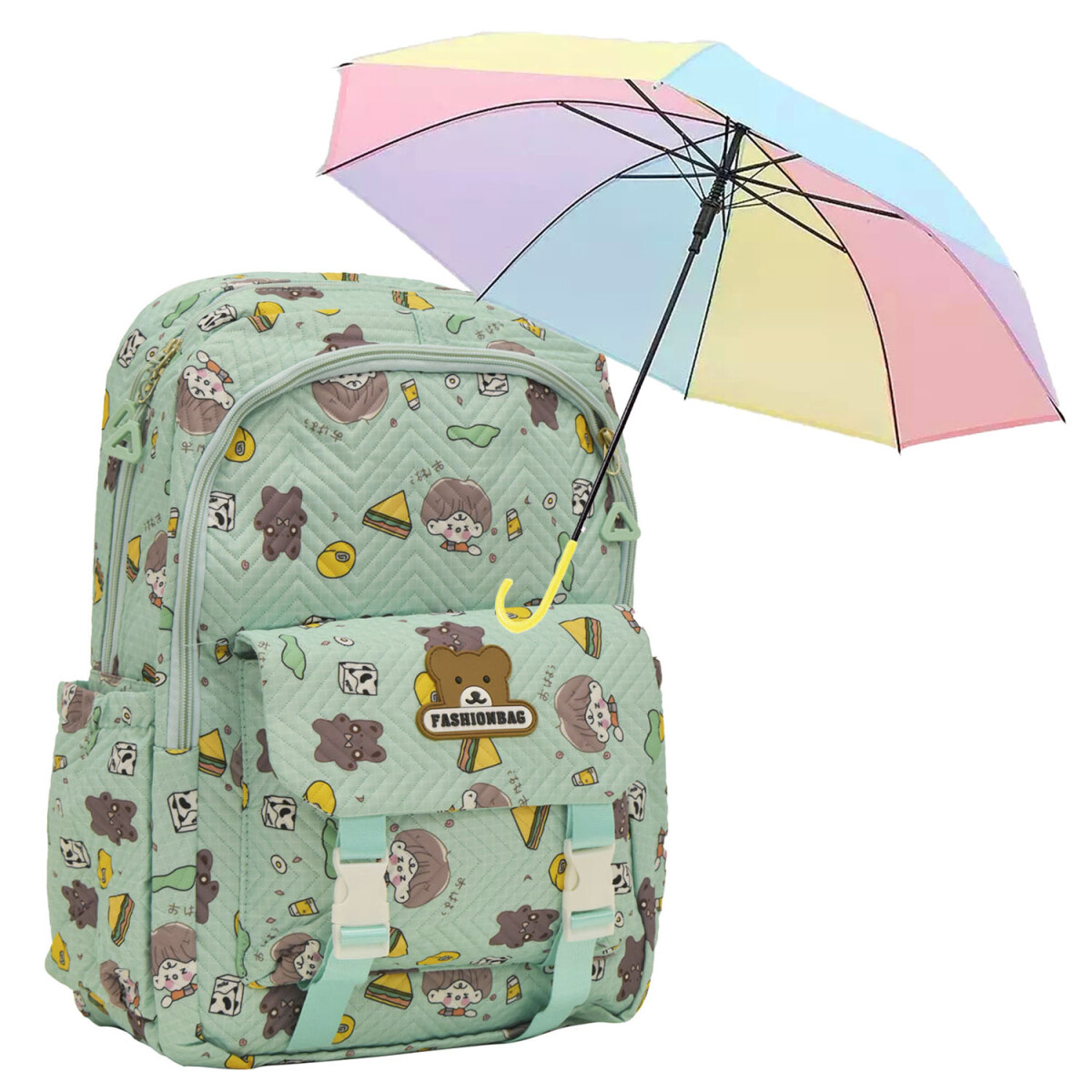 Set Mochila Escolar Infantil p/ Laptop y Bolsillos + Paragua - Verde 