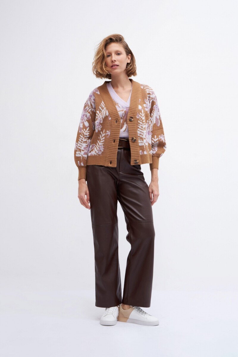 Cardigan con jacquard floral tostado