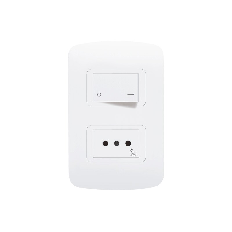 CONJ. TOMA C/SEG + BIP BCO Plaqueta Toma Con Seguridad + Interruptor Unipolar Atenea Plus Blanco