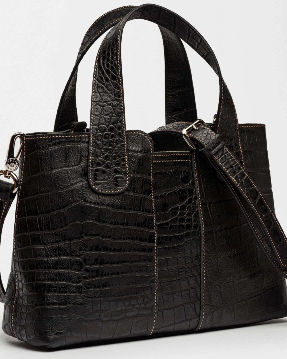 Cartera de Mano The Braided En Cuero Grabado Croco Negro