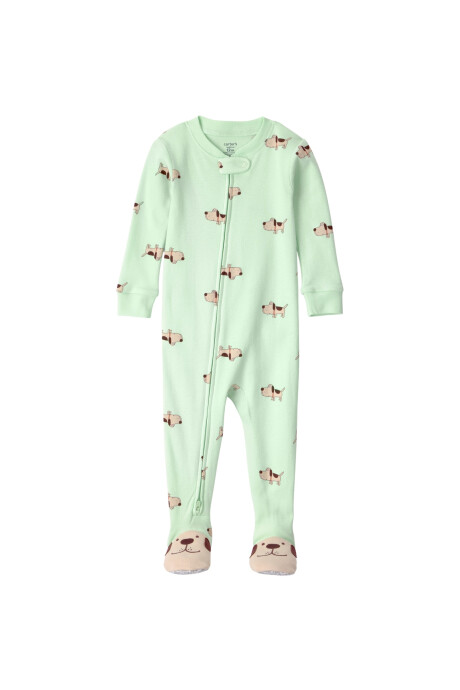 Pijama enterito de algodón con pie, verde, diseño perros. Talles 12-24M Sin color