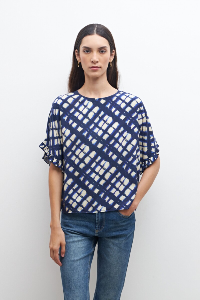 Blusa estampada con volados azul marino