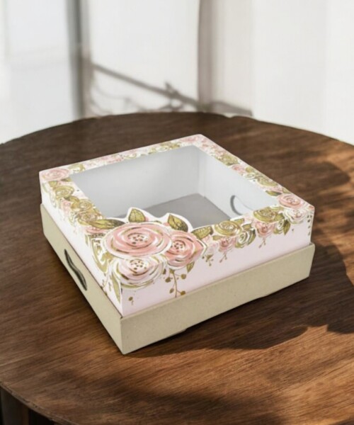 Caja combi con visor - 30x30x12,5 cm. ROSA C/ ORO