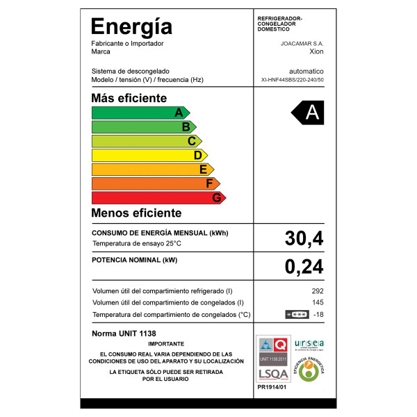 Heladera Xion Xi-hnf44sbs-inoxidable HELADERA XION SIDE BY SIDE XI-HNF44SBS