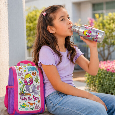 Set Lanchera Y Botella P/Colorear Infantil C/Fibras Stickers Rosa/violeta