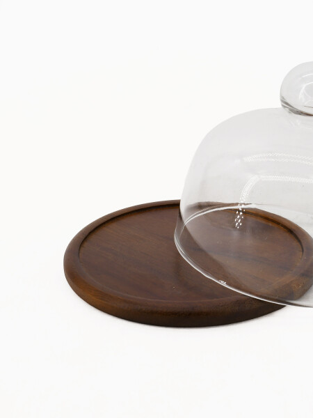 QUESERA CAMPANA DE VIDRIO Y BASE MADERA MARRON